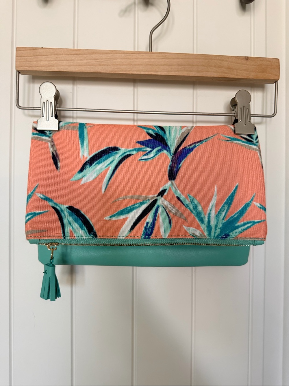 Rachel Pally Peach Floral Fold-Over Clutch with Teal Accents